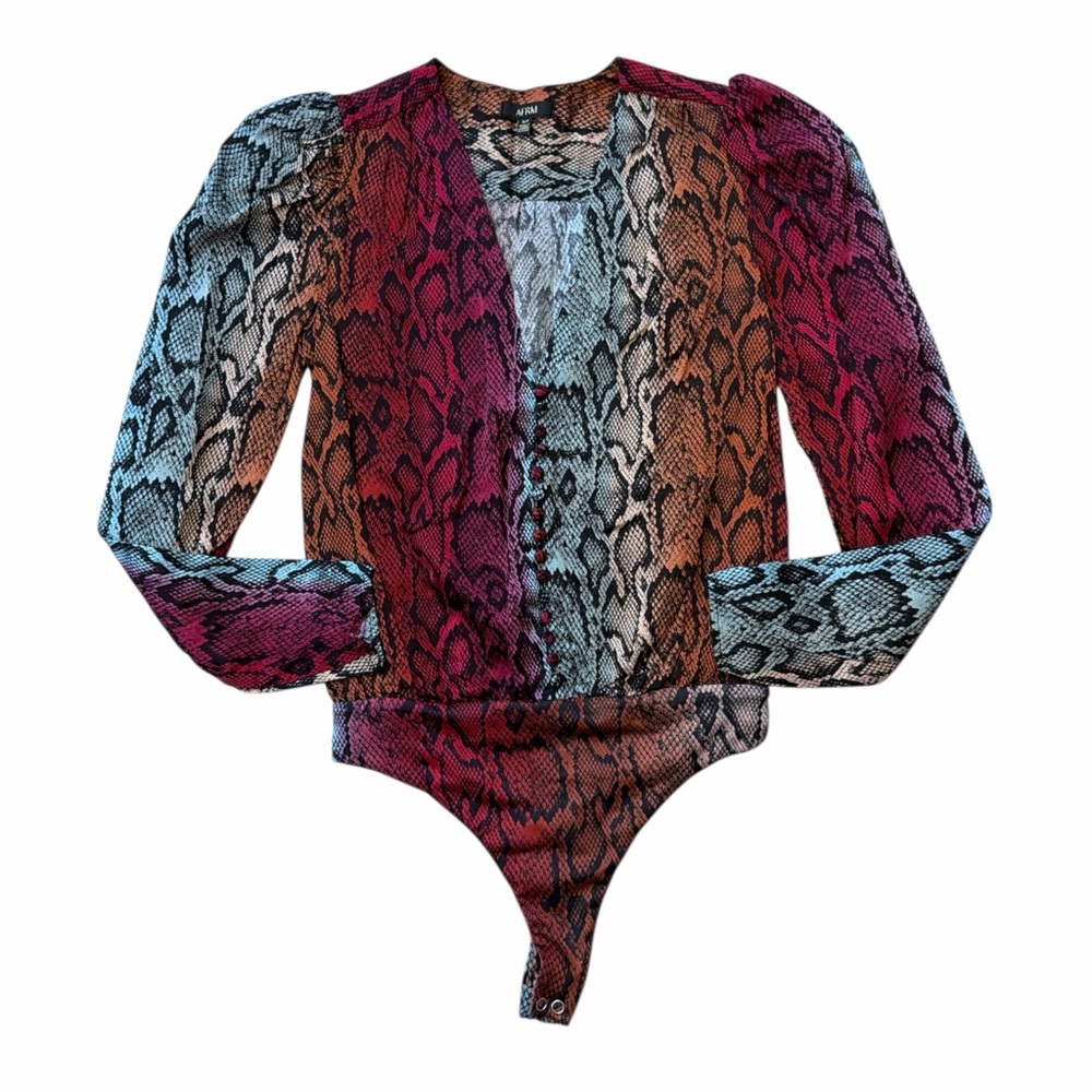 AFRM Multicolor Snake Print Long Sleeve Bodysuit - Red, Blue, Brown